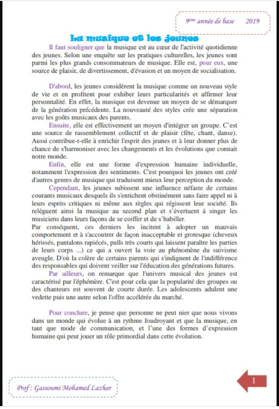Tunitests.TN La Musique Et Les Jeunes Production écrites 9eme Séries ...
